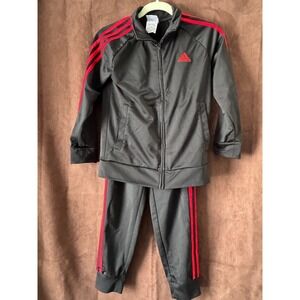 Adidas Boys Tracksuit Set Black Red 3-Stripe Zip Jacket Joggers Size 8 Youth